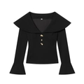 Elegante top nero con scollo a V, bottoni dorati e maniche a campana in stile moderno - XS / Tops / Nero