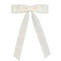 Close-up of off-white velvet bow hair clip with long ribbons and soft fabric texture - Beige