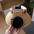 Yellow kids sun visor hat with solar powered fan and adjustable woven texture strap - Straw Woven Solar Style / Kids Straw Solar Fan-Khaki