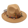 Detail of camel wool fedora with bohemian beadwork and seashell decorative band - Camel