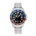 Classic silver stainless steel men's watch with red-blue bezel and black dial - Silver Red and Blue