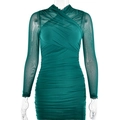 Detail of dark green mesh long sleeve dress with ruched texture and wrap neckline - S / Green