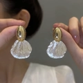 Elegant silver-tone fan-shaped shell earrings with gold metallic oval studs and resin texture - Oval Shell Fan / Gold