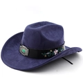 Detail of dark purple faux suede cowboy hat with floral embroidery and turquoise buckle - M(56-58cm) / Navy Blue