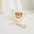 Straw crossbody bag for kids with cute brown bear patch and cotton rope strap - Cream White (Bag)