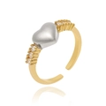 Detail of 18K gold-plated open ring featuring a silver heart with sparkling zircon accents - Adjustable Open / Silver Heart Gold Ring Style (CXJ-1431-B)
