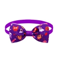 Halloween pet bowtie with purple fabric featuring skeletons, pumpkins, and ghosts - Purple Candy Monster