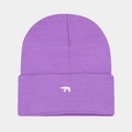 Close-up of cute white polar bear embroidery on a purple knitted winter beanie hat - One Size / Purple