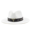 Detailed shot of white straw fedora featuring a leather band with bull skull ornament - M (56-58cm) / Pure White