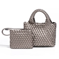 Mini metallische silberne Flechtkorbtasche Set mit passender Clutch und Tragegriffen - Metallic-Grau