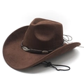 Dark brown wide brim western cowboy hat with leaf metal buckle and adjustable chin strap - M (56-58cm) / Brown