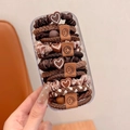 Set of 12 coffee-colored hair ties with heart and smiley charms in a clear box - 20 Pcs Box Pack / 5# Camel & Coffee