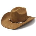 Brown faux suede western cowboy hat with wooden beads and white seashell band decoration - M (56-57cm) / Khaki