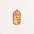 Macro detail of oval gold koi ruyi pendant featuring yellow floral and plaid enamel design - Yellow Floral Plaid (Style 6)