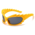 Unique yellow fire-shaped sports sunglasses with dark grey lenses in a 45-degree side view - Yellow Frame Grey Lens