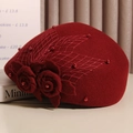 Elegant wine red wool beret featuring delicate mesh veil, 3D floral and pearl accents - M (56-58cm) Adjustable / Burgundy