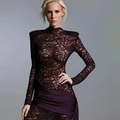Detail of dark purple lace dress showing sheer hollow out bodice and pleated skirt - S / Purple