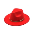Classic red wide brim fedora hat with brown leather belt and golden metal buckle - M(56-58cm) / Red