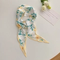 Floral print long silk scarf for women in light yellow and teal on white silk - Orange Yellow Ditsy Floral