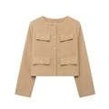 Macro detail of camel tweed short jacket showing fabric texture and gold buttons - XS / Dark Khaki