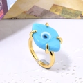 Gold open ring with blue evil eye glass stone in a minimalist bohemian adjustable style - Adjustable Open / Light Blue