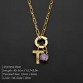Minimalist gold stainless steel paperclip chain necklace with letter T and purple stone - Letter T Style (Steel) / Silver