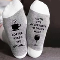 Funny grey cotton socks featuring coffee and wine themed English text for men and women - One Size / Grey/White