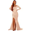 Sparkly champagne gold sequin evening gown with long sleeves and high slit fishtail hem - US size 2 (S) / Top And Bottom / Champagne