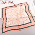 Elegant light pink square silk scarf with geometric patterns and dark green edges - Light Pink