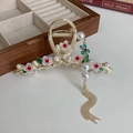 Golden metal hair claw with white enamel lilies, pearls and elegant fringe tassel - Gold Pearl Flower Tassel Claw Clip (9#)