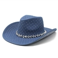 Dark blue denim cowboy hat with white rhinestones and sparkling crystal chain detail - M (56-59cm) / Blue Denim