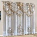 Beige European 3D curtains with gold baroque patterns, marble textures, and tassel valance - Beige Gold Baroque Relief