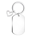 Close-up of polished stainless steel keychain with heart charm and rectangular army tag - Stainless Steel Heart