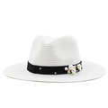 Detail of white straw fedora featuring black ribbon with pearls and metal flower accents - M (56-58cm) / White