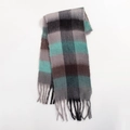 Fashionable plaid scarf with grey, teal, and brown colors and classic fringe details - Grey, Blue, Brown and Black Plaid (Style M)
