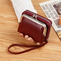 Vintage burgundy leather clasp coin purse with zipper compartment and wristlet strap - Burgundy
