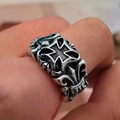 Vintage oxidized silver trident ring with gothic cross and iris patterns in punk style - Antique Silver Cross