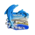 Blue resin fridge magnet from Pescara Italy featuring dolphins and sailboats - Pescara Dolphin Italy