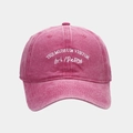 Detail of white embroidery on washed rose red baseball cap with vintage finish - Adjustable / Rose Red