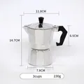 Italian style silver aluminum Moka pot 3-cup capacity with detailed dimension markings - 150ml (3 Cups) / Single Valve / Silver