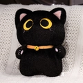 Cute black plush cat toy with big yellow eyes and orange collar on white knit blanket - Black Cat / 40CM