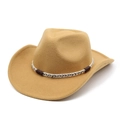 Detailed view of camel wool felt western cowboy hat with a woven decorative band and leather buckle - M(56-58cm) / Camel