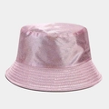 Detail shot of the pink glitter texture on a shiny PU leather reversible bucket hat - M (56-58cm) / Pink Laser