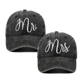 Vintage washed black Mr and Mrs embroidery baseball cap set for couples with cotton texture - Washed Black Mr + Black Mrs (03)
