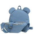 Set zaino in tela denim blu con orecchie carine e marsupio abbinato per viaggi - Set da 2 Pezzi (Zaino + Marsupio) / Celeste