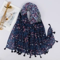 Floral cotton linen scarf in dark blue with pink flower print and black tassels - Dark Blue Small Floral Style (XB581) / 180*90CM