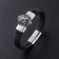 Herren Lederarmband geflochten mit silbernem Löwenkopf und Magnetverschluss - Stahlfarbe