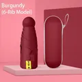 Burgundy 6-rib mini folding umbrella with UPF50+ protection and a capsule storage case - 5-Fold 6-Ribs Black Coating + Cloth Sleeve / Burgundy