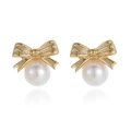 Christmas gold bow earrings with elegant white hanging pearls for a festive winter look - Pearl Bow Stud Earrings