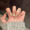 Handgemaakte cat-eye kunstnagels met 3D-leeuwendans en parels in amandelvormig design - Extra Klein (XS) / 2830-Lang Ovaal